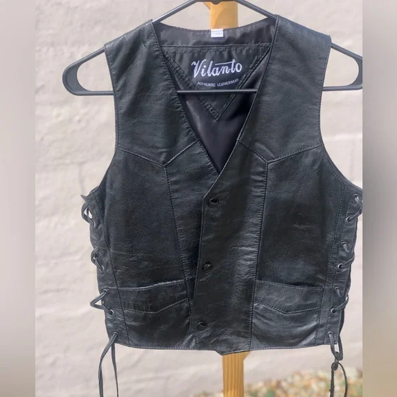Vintage 90s grunge punk biker black leather side lace up leather vest - Picture 10 of 11